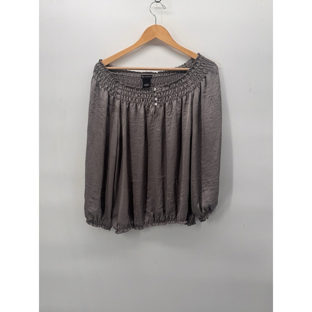 New Directions Women's off shoulder peasent blouse gray satin smocked LS SZ Larg